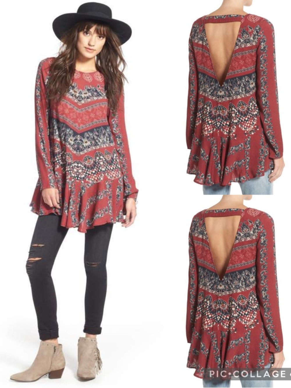 Free People Burgundy Wine Floral Mock Neck Drop Waist Mini Dress Blouse Top